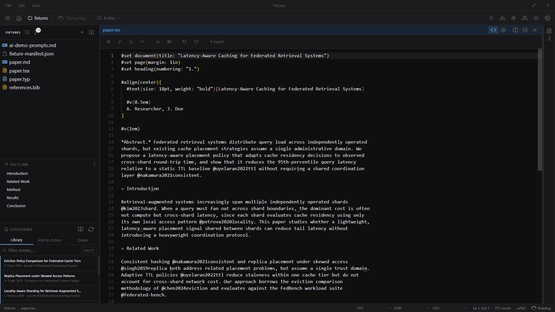 Researium's editor, writing a research document with live preview.